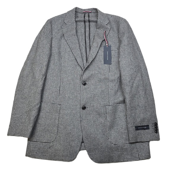 Tommy Hilfiger Houndstooth Sport Coat‎ Mens 42L Light Grey Black Wool $375 NEW
